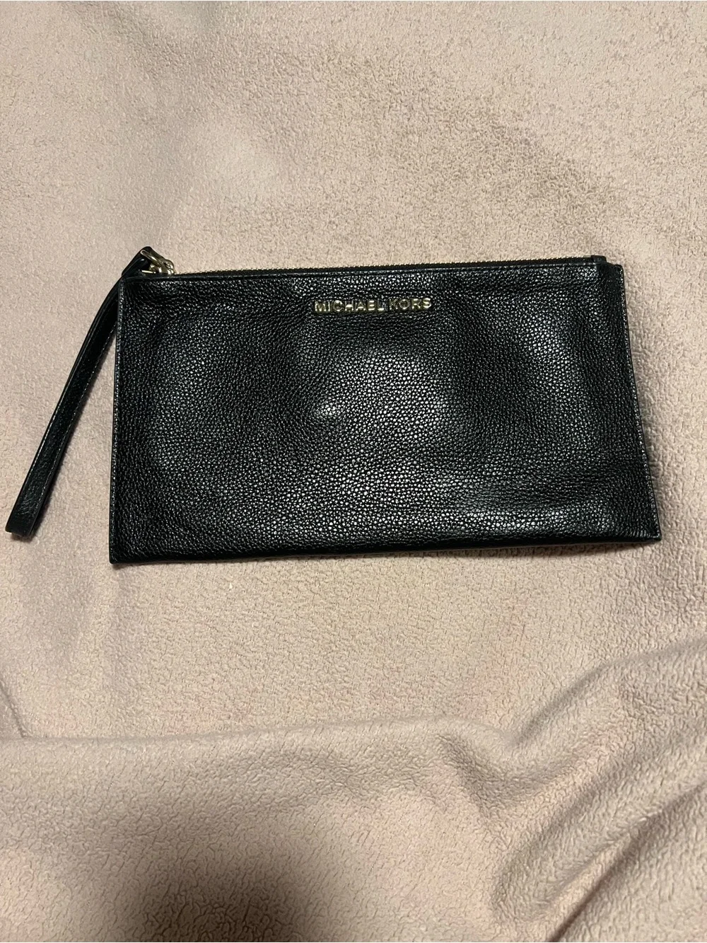 Michael Kors Black Pebble Leather Wristlet Clutch with Gold Hardware